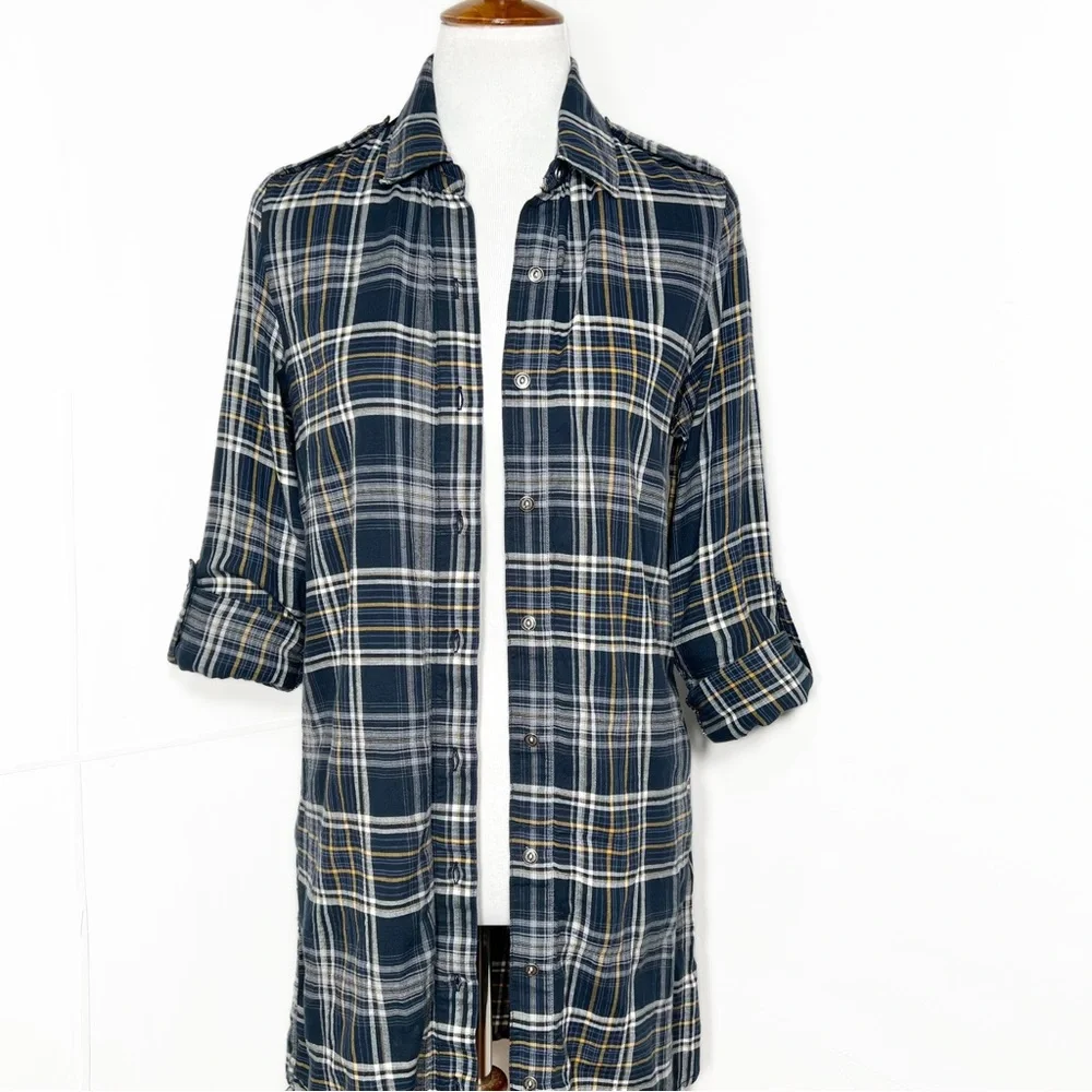Sam Edelman Navy Blue Plaid Shirtdress, Maxi Shirt, Maxi Top, Cardi, Duster - Picture 3 of 14